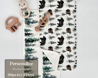 Personalized black bear burp cloth woodland theme little bear baby shower for baby boy gift idea forest animals gift for newborn handmade