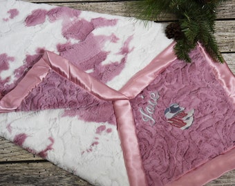 Personalized western Pink horse Baby blanket Gift, Cowhide Cowgirl Baby Girl Blanket- Horse Baby Girl Blanket with name, horse baby gift