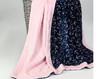 Personalized Baby Gifts  Nautical Pink Baby Girl Blanket Custom pink minky blanket Anchor girl blanket for nautical baby girl nursery