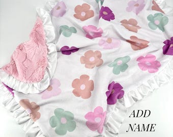 Retro Floral Personalized girl Pink Baby Blanket Toddler Baby Girl Gift Baby Shower Gift Nursery crib Blanket Minky blanket Satin Trim