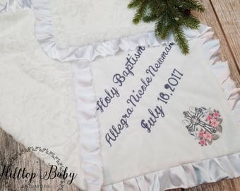 White Personalized Custom Baptism Baby Girl Blanket-Floral Baptism Keepsake baby gift with cross