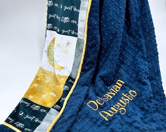 Personalized Baby Blanket Newborn Shower Gift Custom Embroidered Name Keepsake Celestial Nursery Moon Star Patchwork Quilt Minky Fabric Crib
