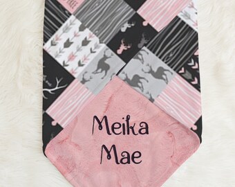 Woodland Personalized baby blanket, Pink baby girl minky blanket- Deer blanket- baby girl shower gift, blanket with name, baby gift