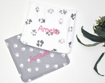 Personalized gender neutral CAT burp cloths- Gray and white Kitten baby gift-Kitty cat gender neutral shower gift, dog paws baby gift