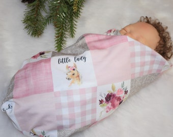 Knit Swaddle Blanket-Pink and gray Horse baby girl swaddle blanket-Little Lady burgundy Floral baby shower gift, Boho Western baby blanket