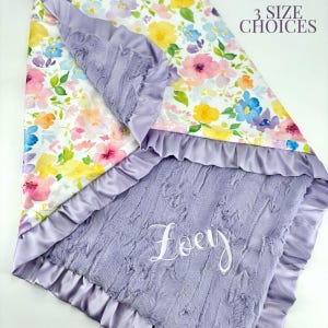 Minky Blanket Baby Gift for Nursery Bedding Set Custom Watercolor Floral Girl Shower Lavender Satin Trim Ruffle Edge Comfort Blankie Infant Lavender Willow