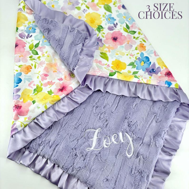 Minky Blanket Baby Gift for Nursery Bedding Set Custom Watercolor Floral Girl Shower Lavender Satin Trim Ruffle Edge Comfort Blankie Infant Lavender Willow