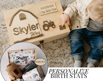Personalized Baby Box Keepsake Trunk Storage Memory Container Birth Gift Tractor Theme Farm Nursery Organizer Name Engraving Custom Design