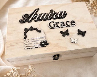 Baby Keepsake Box Memory Gift Birth Announcement Baby Shower Gender Reveal Personalized Newborn Wooden Chest Engraved Butterfly Storage