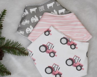 ORGANIC Bandana Bibs, Pink Tractor baby gifts, Baby Girl gift, Farm Girl Shower Gift, Pink Bib Set, Girl Bib, Farm Baby Gift, Knit Swaddle