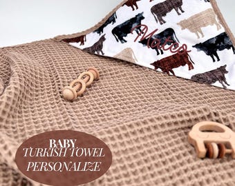 Personalized Bath hooded Towel for baby Soft waffle turkish Cow baby Gift Set Beach Gift organic cotton Infant towel Bath Time boy baby gift