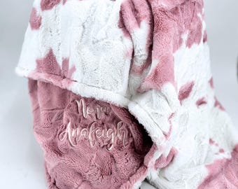 Personalized Adult Minky Blanket Custom Name cowhide Soft Plush Luxury Bedding Large Dusty Pink Cozy Gift Christmas Present Mothers day gift