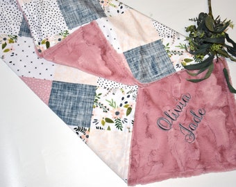 Personalized pink baby blanket, baby blanket minky girl- floral girl gift, Personalized baby gift, floral girl blanket, newborn baby gift