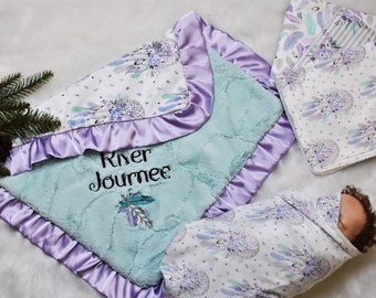 Personalized purple dream catcher minky baby blanket- New Baby girl-Purple Dream catcher nursery- Knit Swaddle and burp cloths-newborn gift