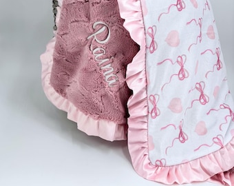 Pink bow minky snuggle blanket for welcome baby girl shower present emboidered newborn soft pink blanket with bows baby shower gift girl
