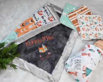 Personalize Fox minky Blanket, Fox Woodland theme Blanket, New Baby Gift, Fox baby Boy, baby fox gift-knit swaddle-burp cloth, cute baby fox