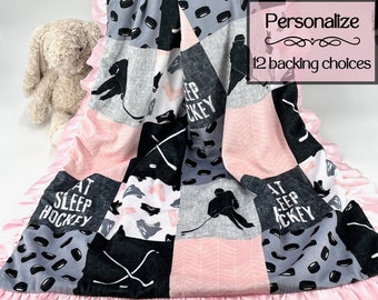 Personalized Pink Ice Hockey Minky baby blanket soft handmade baby girl blanket embroidered newborn baby gift for custom baby shower gift