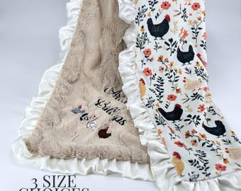 Personalized chicken Blanket Baby Farm Nursery Bedding Custom Minky Floral Farmhouse Girl Gift Toddler Country Style Infant Chicken Nursery