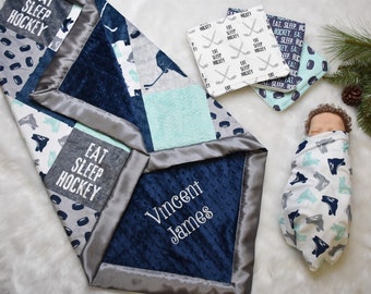 Personalized Ice Hockey minky blanket, Hockey player gift, Burp Cloth, Knit swaddle, Hockey mom, Eat Sleep Hockey, Sports blanket