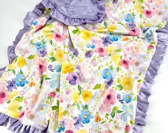 Purple Floral Minky Blanket Baby Gift for Nursery Custom Baby Room Decor lavender Satin Trim Ruffle Edge Comfort carseat Blanket Soft Touch