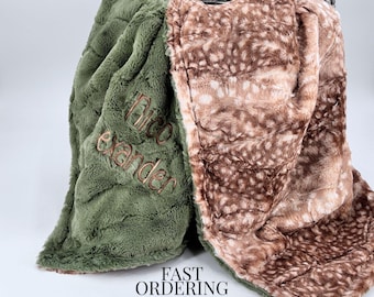 Personalized Baby Blanket Woodland Nursery Gender Neutral Hunting Theme Deer Toddler Minky Soft Sage Green Shower Gift Custom Name Infant