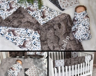 Personalized wolf Baby Shower Gift, Woodland  Baby boy Minky Blanket-fox baby boy  COMPLETE gift set, Wolf Nursery Bedding Set, crib sheet