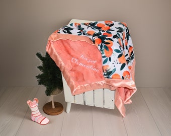 Personalized baby blanket sweet clementine, Orange clementine flowers baby blanket, minky baby blanket for newborn, Wild clementine nursery