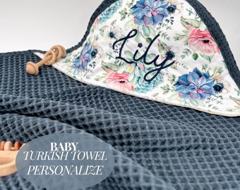 Personalized Baby Towel Soft Cotton Hooded Wrap Infant Bath Accessory Gift for Newborn Nursery Linen Waffle Knit Bath Cover Shower Present