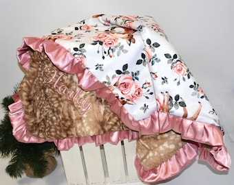 Personalized Woodland baby girl blanket, Deer Baby blanket, floral blanket for baby girl, fawn minky blanket, baby girl deer blanket