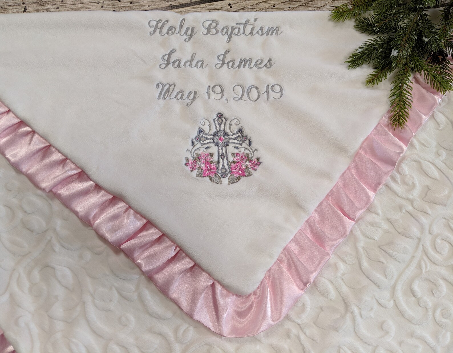 Personalized White and Pink Baby Girl Baptism Blanketbaby Etsy