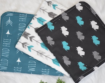 Personalized baby gifts, Baby boy Teal Western Horse burp cloths- Teal, black and gray