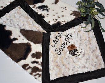 Personalized Cowhide Western Cowboy baby boy Blanket- Black and Brown Country Horse Baby boy Blanket, Farm personalized baby boy gift, pony