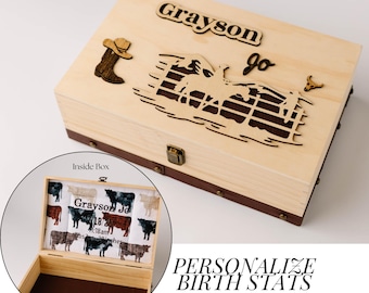 Engraved memory box with name Cowboy baby keepsake embroidered trunk baby gift idea for mom organizer box for baby shower gift for baby boy