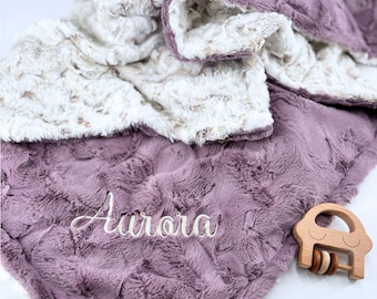 Personalized Baby Blanket Custom Embroidered Toddler Gift Newborn Shower Hospital Minky Throw Soft Plush Purple Nursery Dusty Mauve Infant