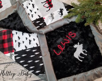 Personalized baby Blanket-Lumberjack-Baby Boy minky blanket-Plaid baby blanket-Moose Baby blanket, Personalized baby gift, newborn baby gift