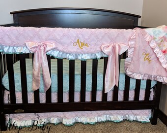 Boho Pink and mint Baby girl nursery bedding, Pink and Gold watercolor floral personalized Girl Baby blanket