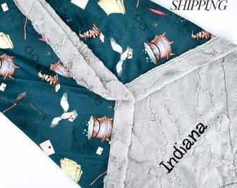 Harry Potter Baby Blanket Personalized Name Gift for Nursery Room Security Blanket Soft Touch Minky Infant Shower Present Newborn Boy Wizard