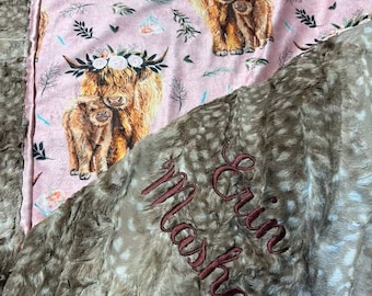 Highland Cow baby girl Personalized Baby Girl blanketminky baby blanket floral highland cow highland cows blanket handmade baby gift