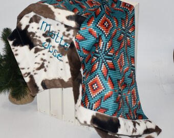 Personalized Western Aztec baby boy minky blanket Turquoise Cowboy Baby Shower Gift Rust Personalized custom Horse baby boy blanket gift
