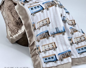Personalized Baby Blanket Minky Fabric Train Design Vintage Style Nursery Decor Brown Transportation Theme Bedding Soft Plush Crib Accessory