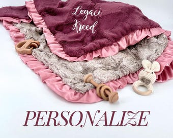 Personalized Baby Blanket Minky Baby Shower Gift Custom Name Satin Trim Keepsake Baby Gift Newborn Photo Prop Soft Luxury Christening Gift