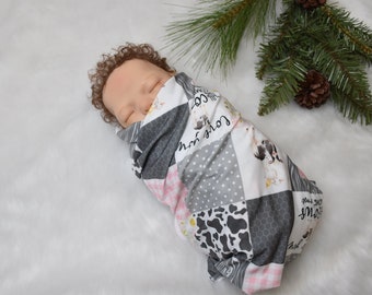 Knit Swaddle Blanket-Pink and Gray baby girl Country Cow swaddle blanket- pink farm baby shower gift-love you till the cows baby blanket