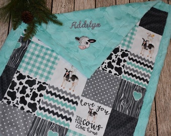 Personalized blanket, Country Baby Girl shower Gift, Farm baby, Cow baby Girl Minky Blanket-Love you till the Cows come Home baby