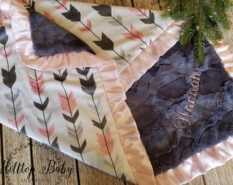 Personalized Pink Minky Blanket, Woodland baby girl gift, woodland nursery, Pink and Gray Arrow blanket, baby girl deer blanket