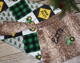 Personalized Country Green Tractor Boy Baby minky Blanket-Green, yellow and black farm boy baby blanket, Country Farmer baby boy shower gift