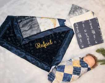 Personalized baby gifts for Moon and Starts Baby Boy Minky Blanket, Luna Navy and Gold Baby Boy shower gift, knit swaddle, burp cloth