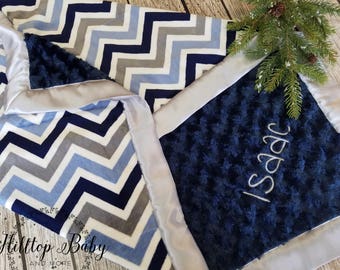 Personalized blue Baby boy Minky Blanket, Navy and gray chevron baby boy shower gift, Newborn Gift, Adult minky blanket