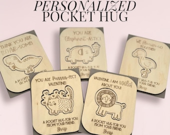 Pocket Hug Token Wooden Keepsake Valentine Gift Friendship Memento Cute Design Animal Illustration Personalized Message Distance