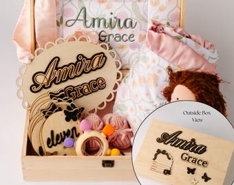 Personalized engraved memory box baby girl keepsake embroidered trunk baby gift idea for mom organizer box for baby shower gift for new baby
