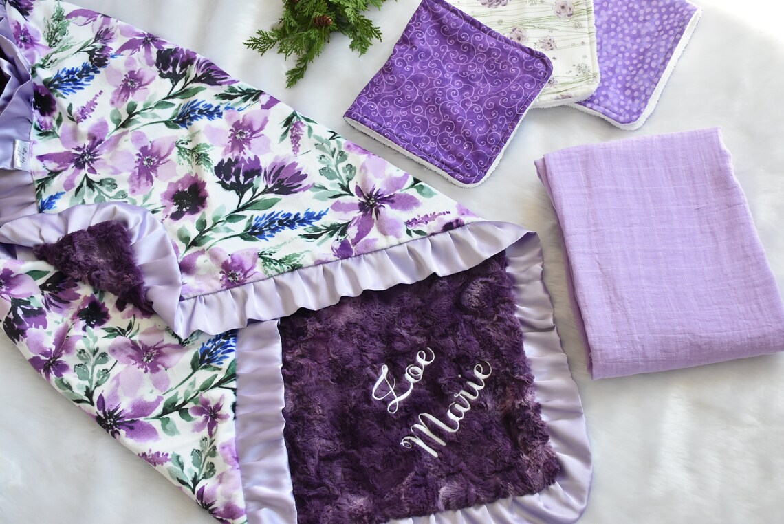 Personalized Purple Floral Baby Girl Minky Blanket Gift Etsy